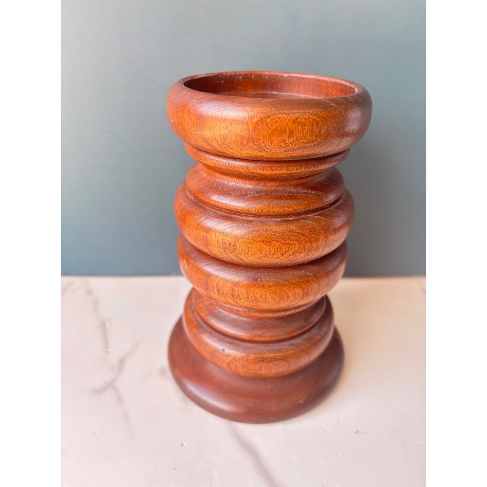 Vintage Turned Wood Pillar Candle Holder Brown Boho Rustic Chunky Decor 6.5 Inch